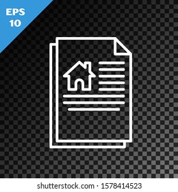 White line House contract icon isolated on transparent dark background. Contract creation service, document formation, application form composition.  Vector Illustration