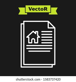 White line House contract icon isolated on black background. Contract creation service, document formation, application form composition.  Vector Illustration