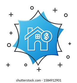 White line House with dollar symbol icon isolated on white background. Home and money. Real estate concept. Blue hexagon button. Vector Illustration