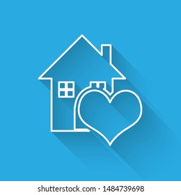 White line House with heart shape icon isolated with long shadow. Love home symbol. Family, real estate and realty.  Vector Illustration