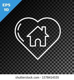 White line House with heart shape icon isolated on transparent dark background. Love home symbol. Family, real estate and realty.  Vector Illustration