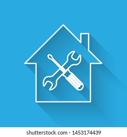 White line House or home with screwdriver and wrench icon isolated with long shadow. Adjusting, service, setting, maintenance, repair, fixing.  Vector Illustration