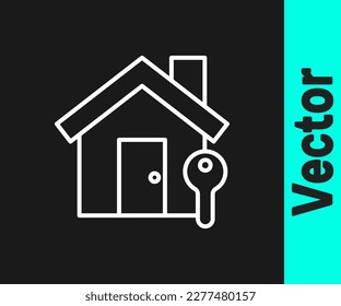 White line House with key icon isolated on black background. The concept of the house turnkey.  Vector Illustration