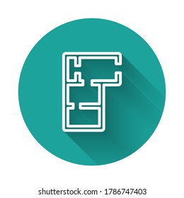 White line House plan icon isolated with long shadow. Green circle button. Vector