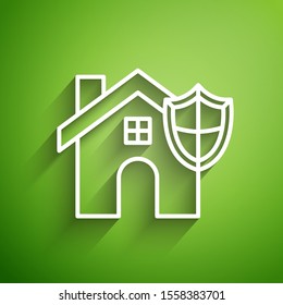 White line House with shield icon isolated on green background. Insurance concept. Security, safety, protection, protect concept.  Vector Illustration