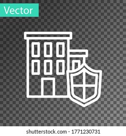 White line House with shield icon isolated on transparent background. Insurance concept. Security, safety, protection, protect concept. Vector.