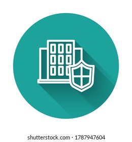 White line House with shield icon isolated with long shadow. Insurance concept. Security, safety, protection, protect concept. Green circle button. Vector.