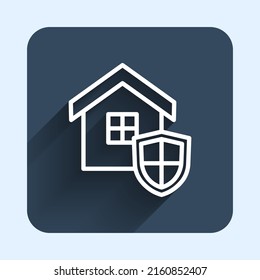 Casa de la línea blanca con icono de escudo aislado con fondo de sombra larga. Concepto de seguro. Seguridad, seguridad, protección, concepto de protección. Botón cuadrado azul. Vector
