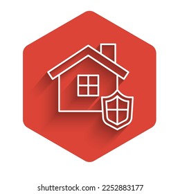 White line House with shield icon isolated with long shadow. Insurance concept. Security, safety, protection, protect concept. Red hexagon button. Vector