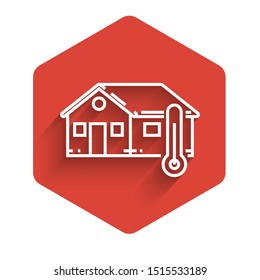 White line House temperature icon isolated with long shadow. Thermometer icon. Red hexagon button. Vector Illustration