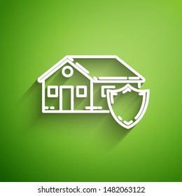White line House under protection icon isolated on green background. Protection, safety, security, protect, defense concept.  Vector Illustration