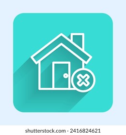 White line House with wrong mark icon isolated with long shadow. Home and close, delete, remove symbol. Green square button. Vector Illustration