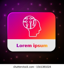 White line Human brain as digital circuit board icon isolated on black background. Human head outline with circuit lines inside. Rectangle color button. Vector Illustration