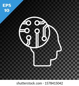 White line Human brain as digital circuit board icon isolated on transparent dark background. Human head outline with circuit lines inside.  Vector Illustration