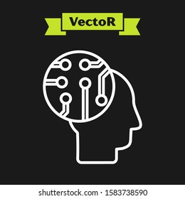 White line Human brain as digital circuit board icon isolated on black background. Human head outline with circuit lines inside.  Vector Illustration