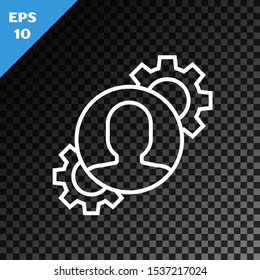 White line Human with gear inside icon isolated on transparent dark background. Artificial intelligence. Thinking brain sign. Symbol work of brain.  Vector Illustration