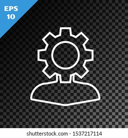 White line Human with gear inside icon isolated on transparent dark background. Artificial intelligence. Thinking brain sign. Symbol work of brain.  Vector Illustration