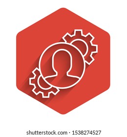 White line Human with gear inside icon isolated with long shadow. Artificial intelligence. Thinking brain sign. Symbol work of brain. Red hexagon button. Vector Illustration
