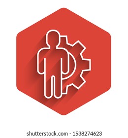 White line Human with gear inside icon isolated with long shadow. Artificial intelligence. Thinking brain sign. Symbol work of brain. Red hexagon button. Vector Illustration