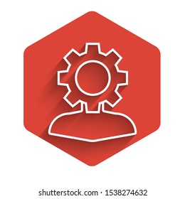 White line Human with gear inside icon isolated with long shadow. Artificial intelligence. Thinking brain sign. Symbol work of brain. Red hexagon button. Vector Illustration