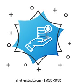 White line Human hand holding with blank receipt or bill for payment icon isolated on white background. Banking and business operations. Blue hexagon button. Vector Illustration