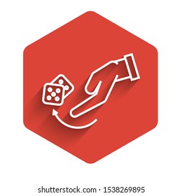 White line Human hand throwing game dice icon isolated with long shadow. Red hexagon button. Vector Illustration
