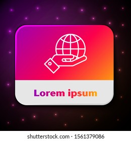 White line Human hands holding Earth globe icon isolated on black background. Save earth concept. Rectangle color button. Vector Illustration