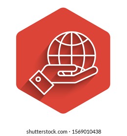 White line Human hands holding Earth globe icon isolated with long shadow. Save earth concept. Red hexagon button. Vector Illustration