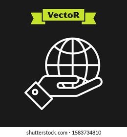 White line Human hands holding Earth globe icon isolated on black background. Save earth concept.  Vector Illustration