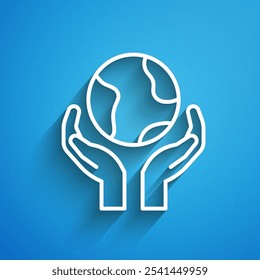 White line Human hands holding Earth globe icon isolated on blue background. Save earth concept. Long shadow. Vector