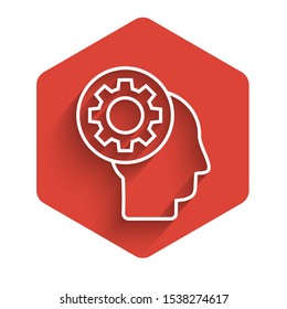 White line Human head with gear inside icon isolated with long shadow. Artificial intelligence. Thinking brain sign. Symbol work of brain. Red hexagon button. Vector Illustration