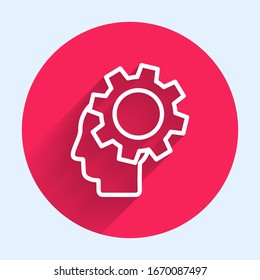 White line Human head with gear inside icon isolated with long shadow. Artificial intelligence. Thinking brain. Symbol work of brain. Red circle button. Vector Illustration