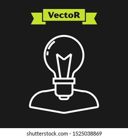 White line Human head with lamp bulb icon isolated on black background.  Vector Illustration