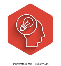 White line Human head with lamp bulb icon isolated with long shadow. Red hexagon button. Vector Illustration