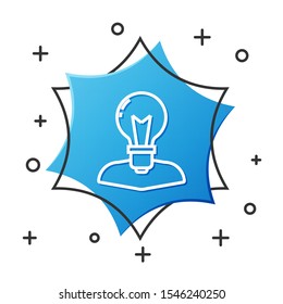 White line Human head with lamp bulb icon isolated on white background. Blue hexagon button. Vector Illustration