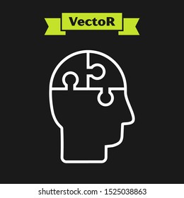 White line Human head puzzles strategy icon isolated on black background. Thinking brain sign. Symbol work of brain.  Vector Illustration