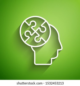 White line Human head puzzles strategy icon isolated on green background. Thinking brain sign. Symbol work of brain.  Vector Illustration