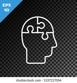 White line Human head puzzles strategy icon isolated on transparent dark background. Thinking brain sign. Symbol work of brain.  Vector Illustration