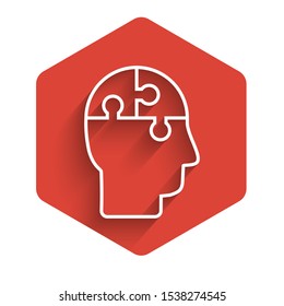 White line Human head puzzles strategy icon isolated with long shadow. Thinking brain sign. Symbol work of brain. Red hexagon button. Vector Illustration