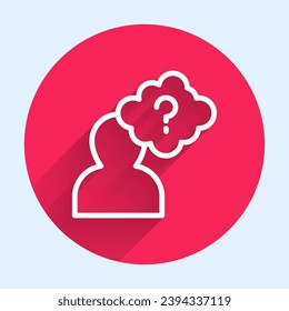 White line Human head with question mark icon isolated with long shadow. Red circle button. Vector
