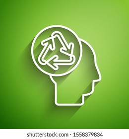 White line Human head with recycle icon isolated on green background. Recycling thinking. Ecology friendly.  Vector Illustration