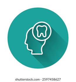 White line Human head with tooth icon isolated with long shadow. Tooth symbol for dentistry clinic or dentist medical center and toothpaste package. Green circle button. Vector