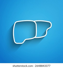 White line Human organ liver icon isolated on blue background. Long shadow. Vector
