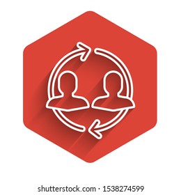 White line Human resources icon isolated with long shadow. Concept of human resources management, professional staff research, head hunter job. Red hexagon button. Vector Illustration