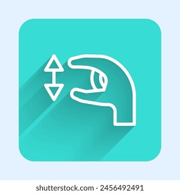 White line Human standing and showing the size of something with his hands icon isolated with long shadow. Approximate measurements. Green square button. Vector