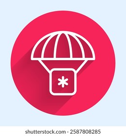 White line Humanitarian aid icon isolated with long shadow. Medical cargo goes down to hard-to-reach places with a parachute. Red circle button. Vector