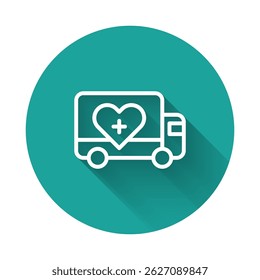 White line Humanitarian truck icon isolated with long shadow background. Green circle button. Vector