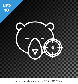 White line Hunt on bear with crosshairs icon isolated on transparent dark background. Hunting club logo with bear and target. Rifle lens aiming a bear.  Vector Illustration