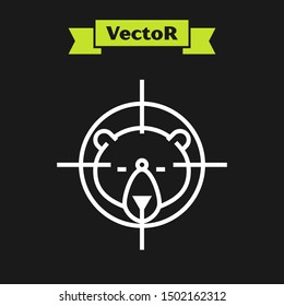 White line Hunt on bear with crosshairs icon isolated on black background. Hunting club logo with bear and target. Rifle lens aiming a bear.  Vector Illustration