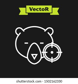 White line Hunt on bear with crosshairs icon isolated on black background. Hunting club logo with bear and target. Rifle lens aiming a bear.  Vector Illustration